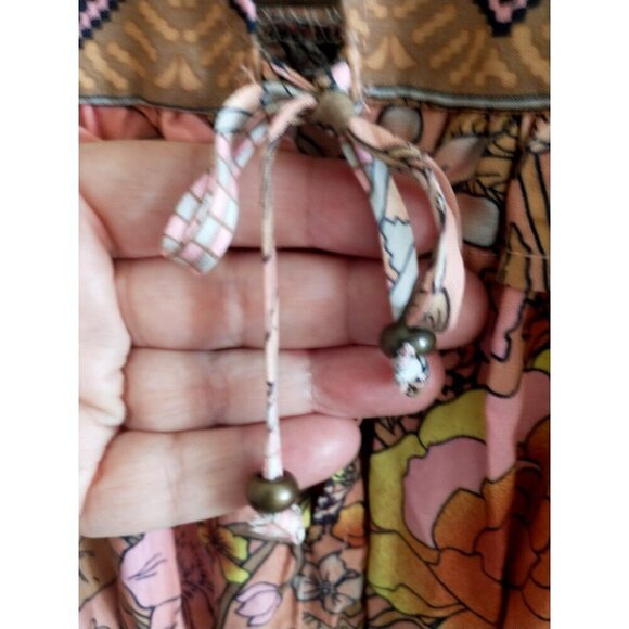 Gypsy Boho Mini Dress Champagne and Pink Cotton Tiered Balloon Sleeves - M/L - Picture 5 of 10